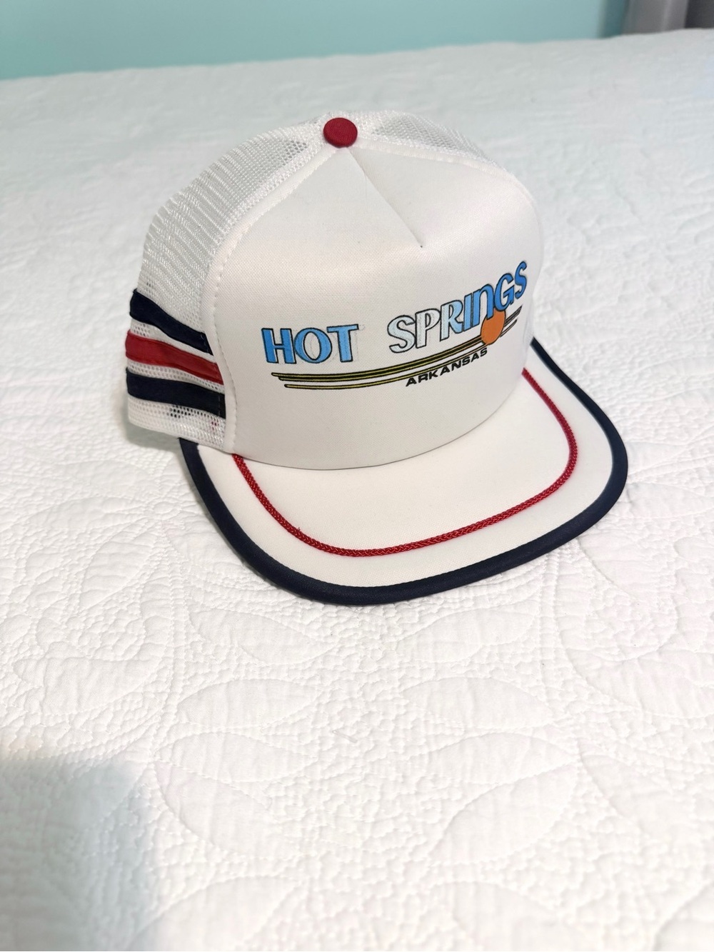 Vintage 80s Hot Springs Arkansas Three Stripe Hat Snapback Mesh Trucker Cap Rare